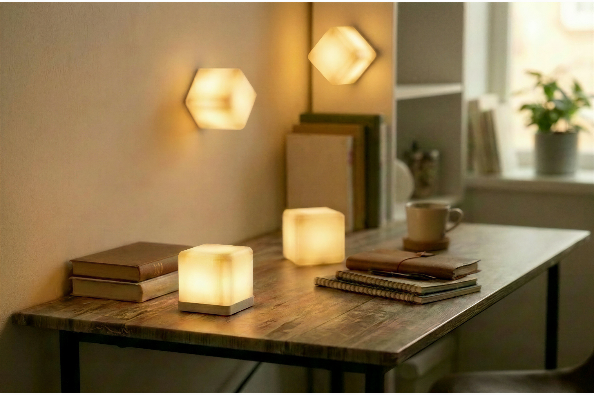 Kyub cubes placed around a warm workspace